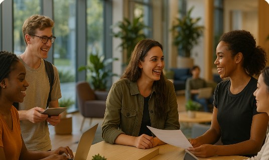 Students talking in a campus common area